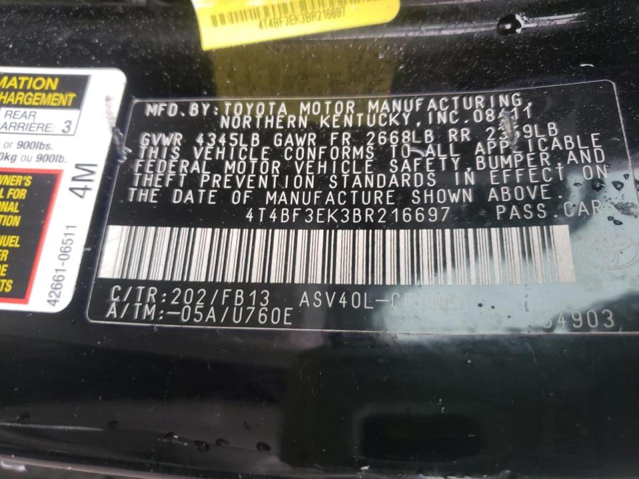 Photo 10 from auction – 2011 TOYOTA CAMRY BASE with VIN 4T4BF3EK3BR216697