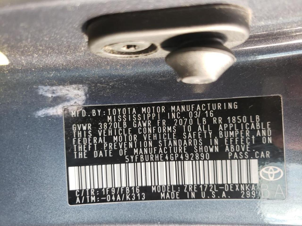 Photo 10 from auction – 2016 TOYOTA COROLLA L with VIN 5YFBURHE4GP492890