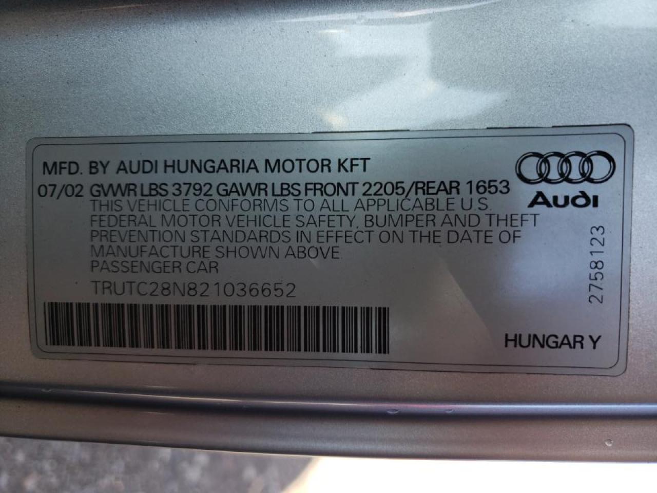 Photo 10 from auction – 2002 AUDI TT with VIN TRUTC28N821036652