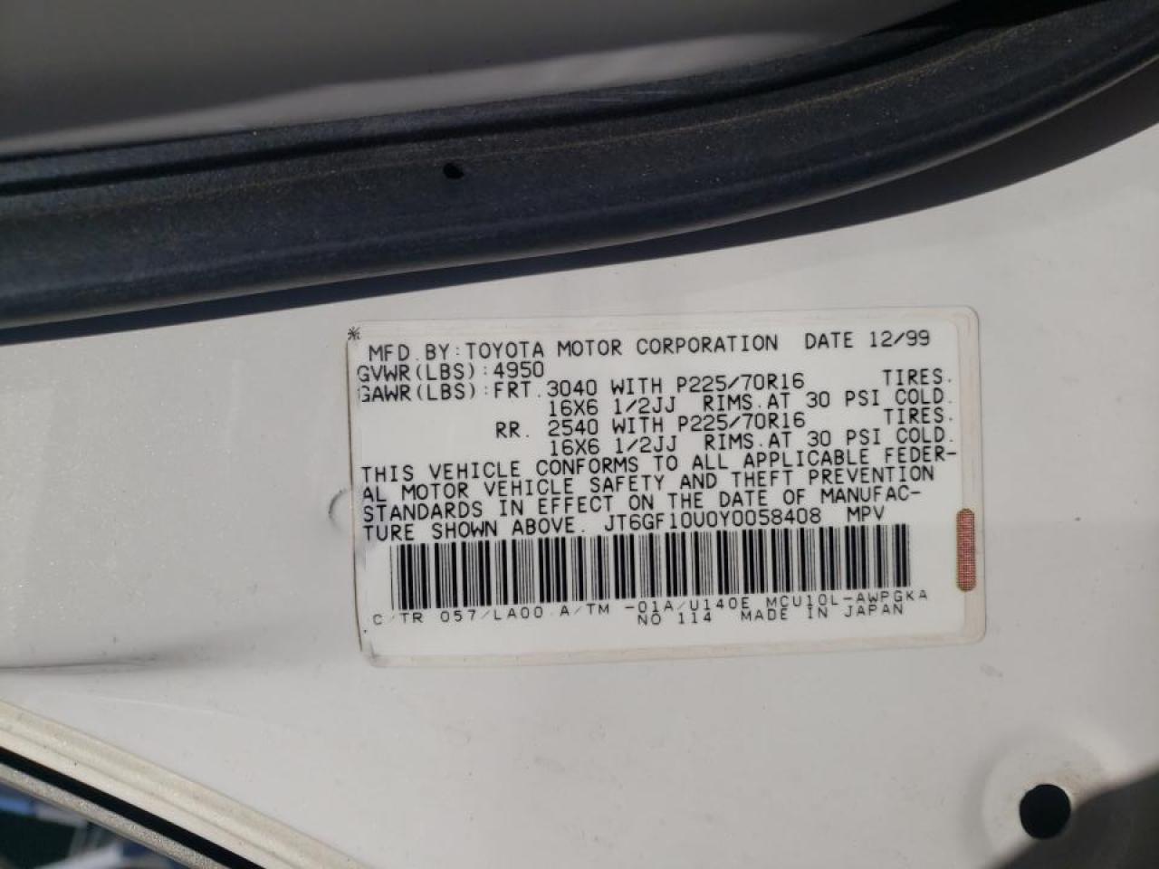 Photo 10 from auction – 2000 LEXUS RX 300 with VIN JT6GF10U0Y0058408