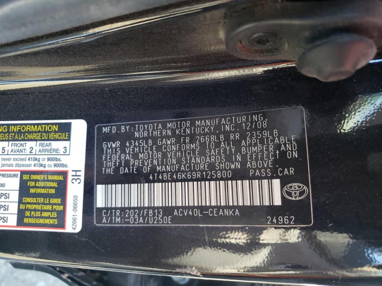 Photo 10 from auction – 2009 TOYOTA CAMRY BASE with VIN 4T4BE46K69R125800