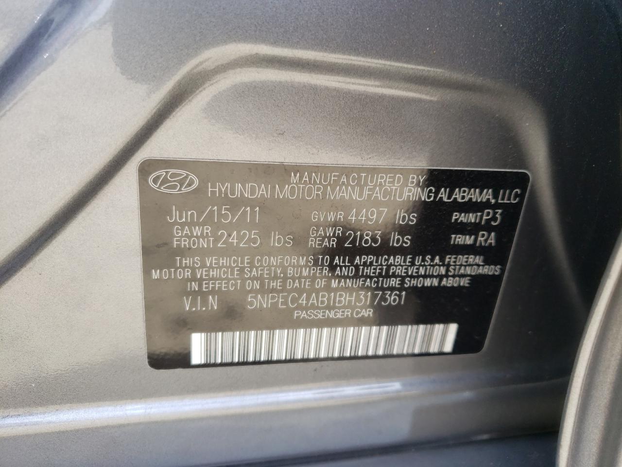 Photo 10 from auction – 2011 HYUNDAI SONATA SE with VIN 5NPEC4AB1BH317361