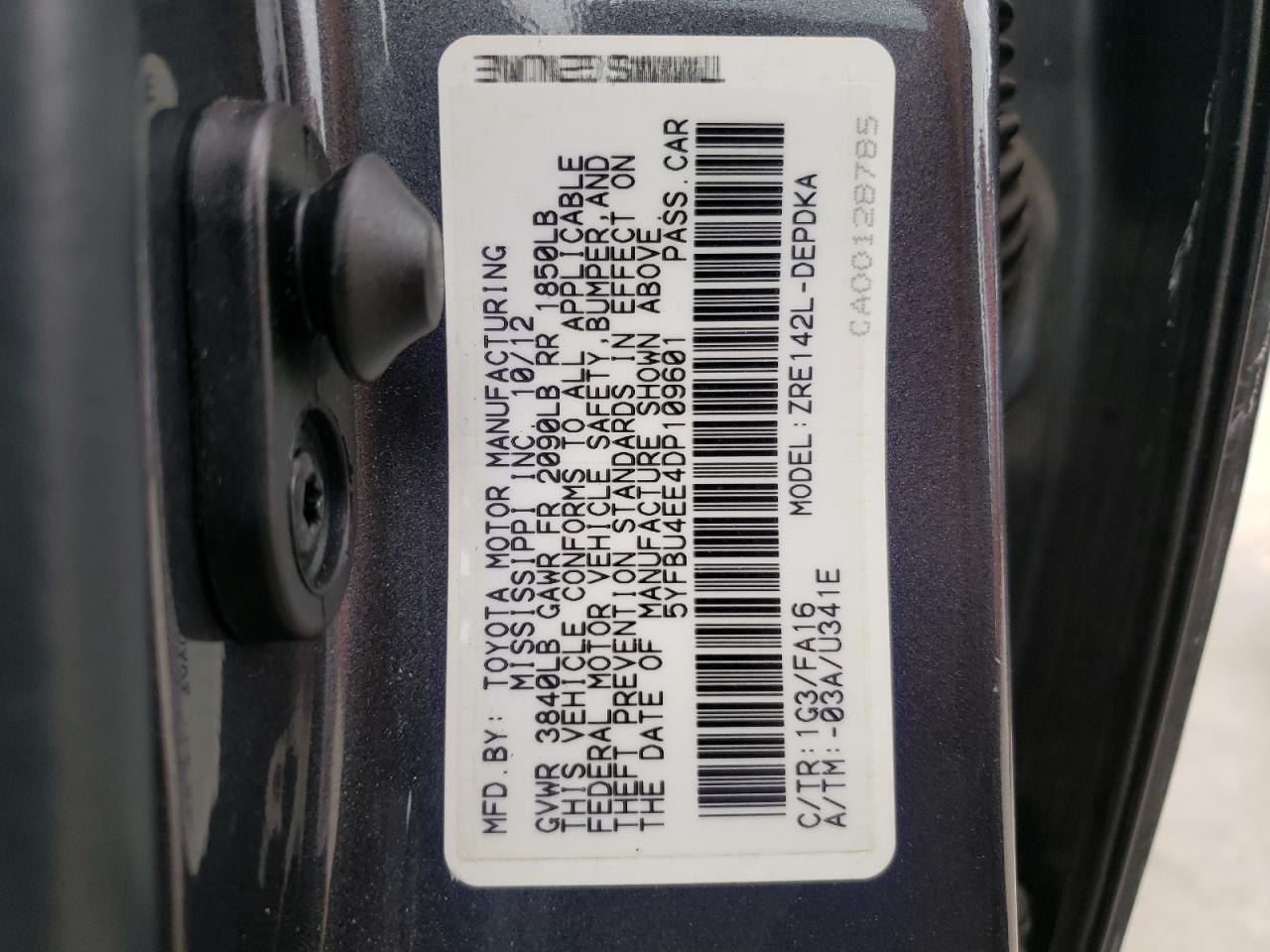 Photo 10 from auction – 2013 TOYOTA COROLLA BA with VIN 5YFBU4EE4DP109601