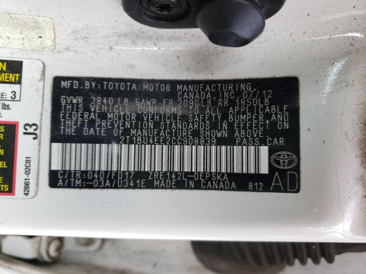 Photo 10 from auction – 2012 TOYOTA COROLLA BA with VIN 2T1BU4EE2CC908839