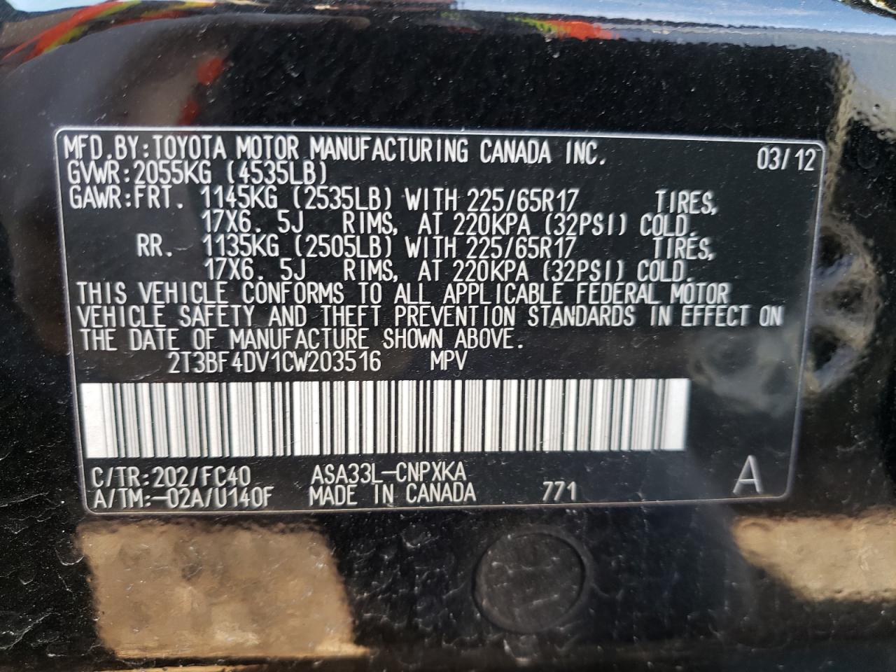 Photo 10 from auction – 2012 TOYOTA RAV4 with VIN 2T3BF4DV1CW203516