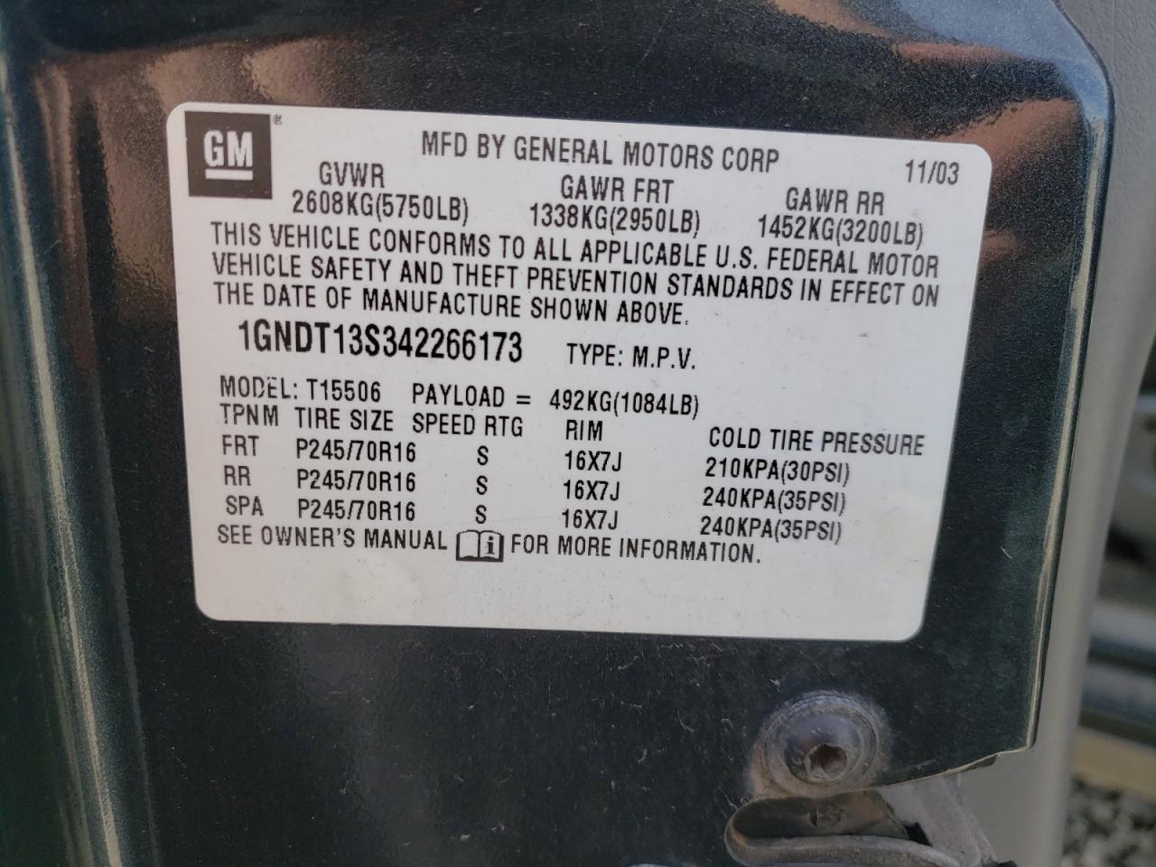 Photo 10 from auction – 2004 CHEVROLET TRAILBLAZE with VIN 1GNDT13S342266173