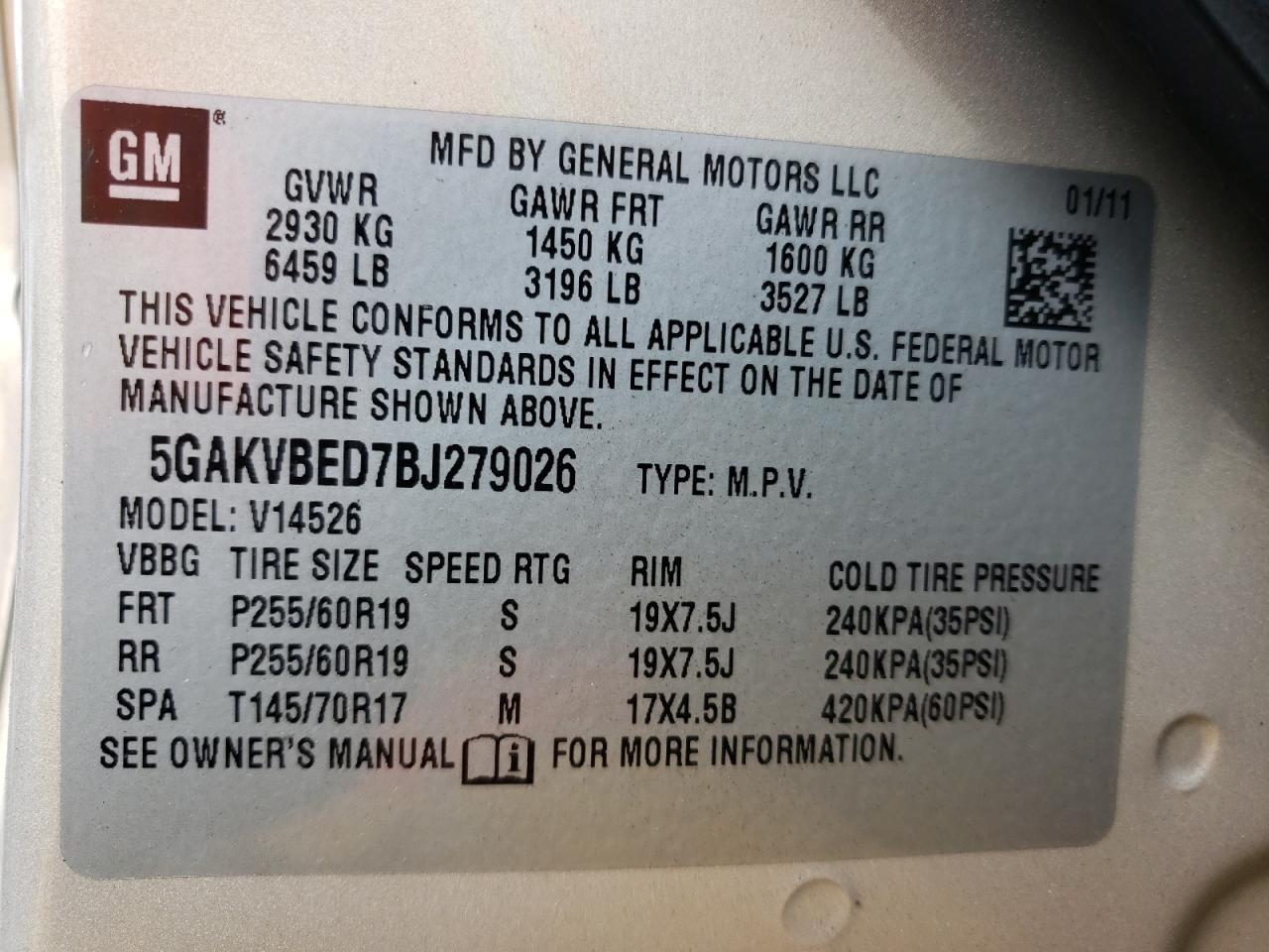 Photo 10 from auction – 2011 BUICK ENCLAVE CX with VIN 5GAKVBED7BJ279026