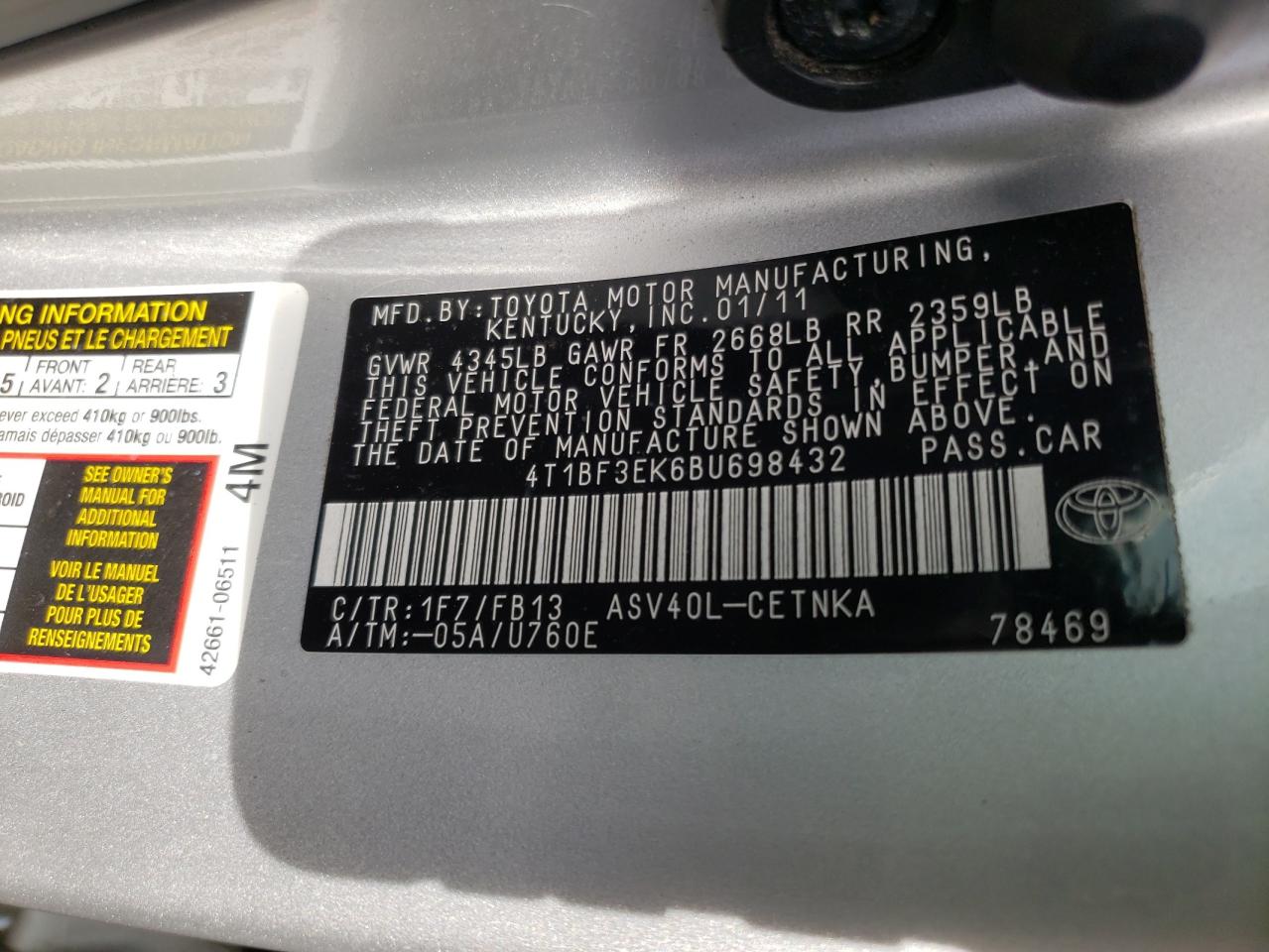 Photo 10 from auction – 2011 TOYOTA CAMRY BASE with VIN 4T1BF3EK6BU698432