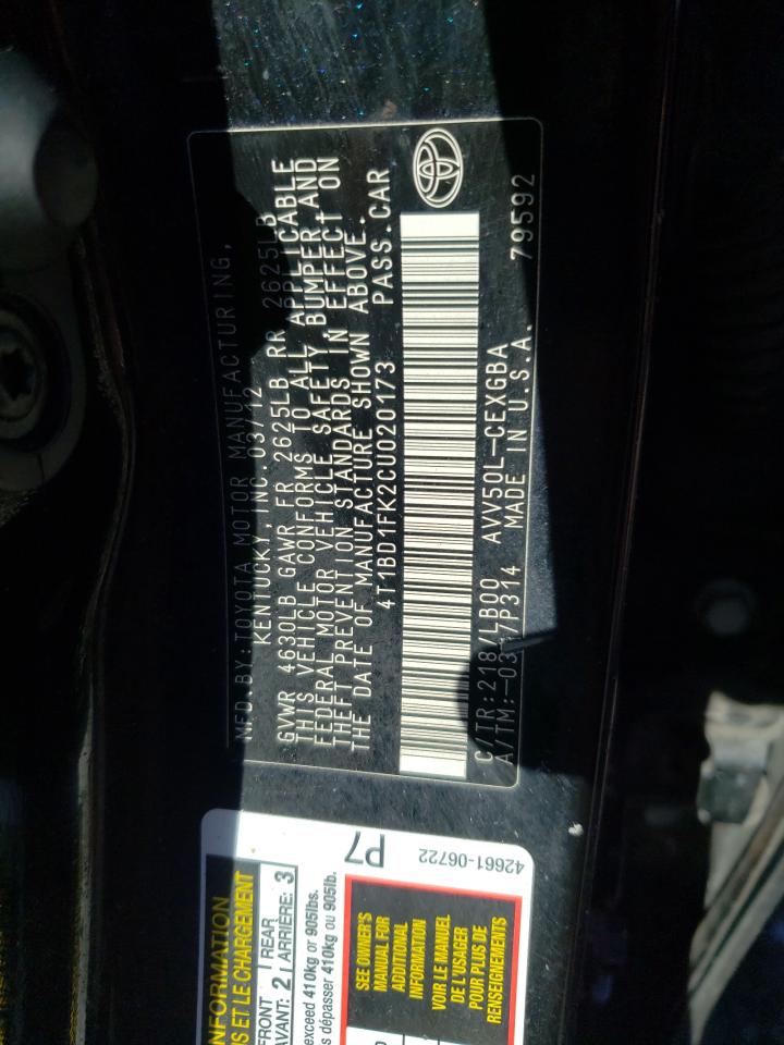 Photo 10 from auction – 2012 TOYOTA CAMRY HYBR with VIN 4T1BD1FK2CU020173