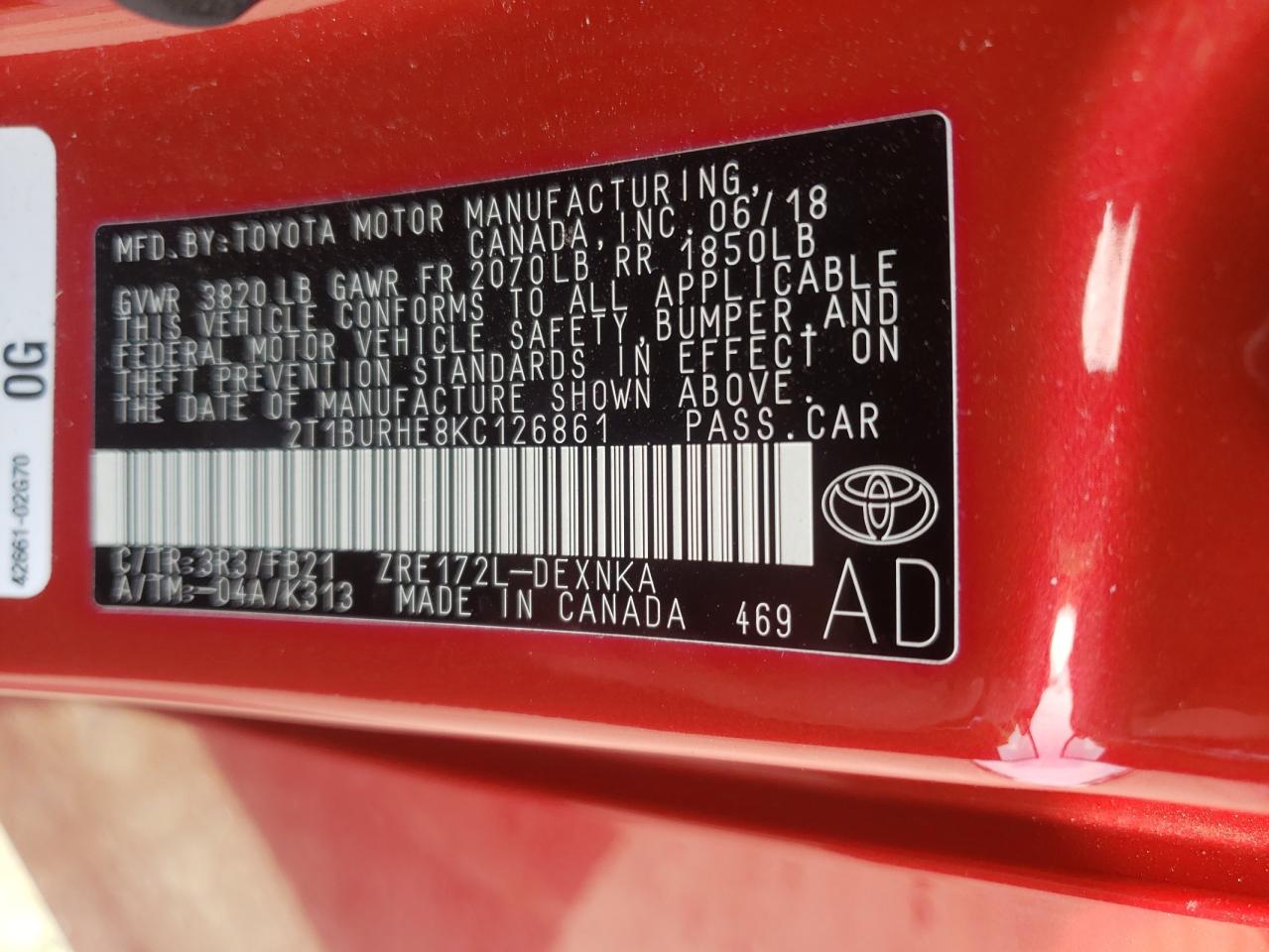 Photo 10 from auction – 2019 TOYOTA COROLLA L with VIN 2T1BURHE8KC126861