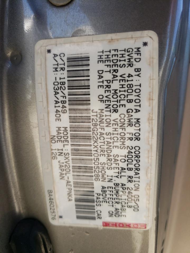 Photo 10 from auction – 2000 TOYOTA CAMRY CE with VIN JT2BG22KXY0505286