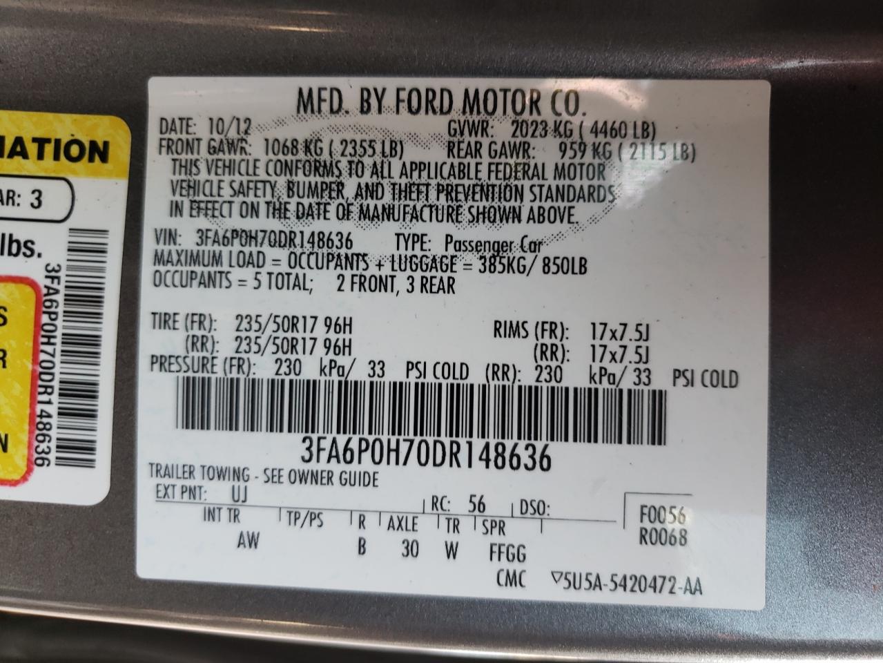 Photo 10 from auction – 2013 FORD FUSION SE with VIN 3FA6P0H70DR148636
