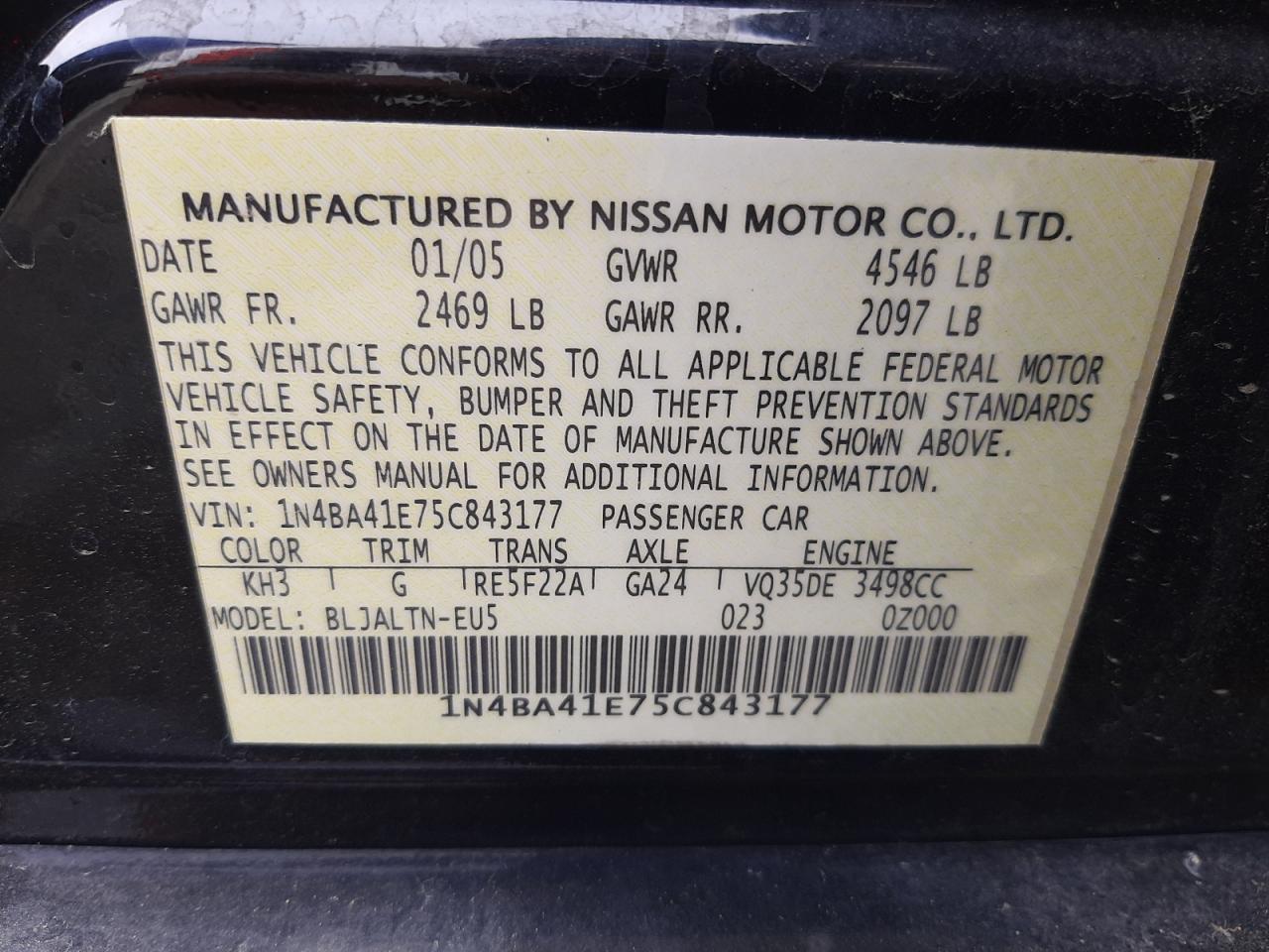 Photo 10 from auction – 2005 NISSAN MAXIMA SE with VIN 1N4BA41E75C843177