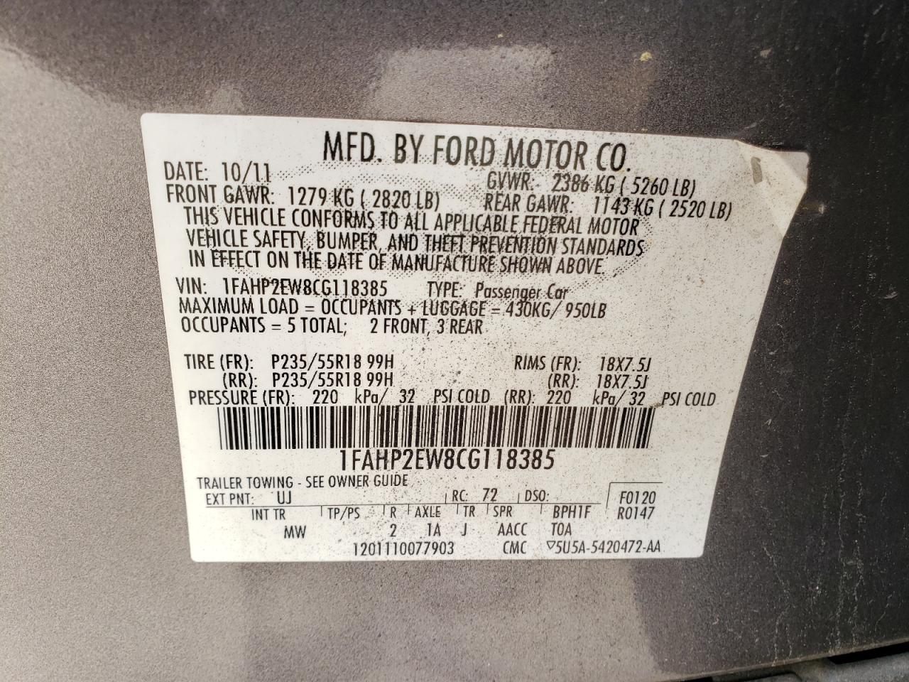 Photo 10 from auction – 2012 FORD TAURUS SEL with VIN 1FAHP2EW8CG118385