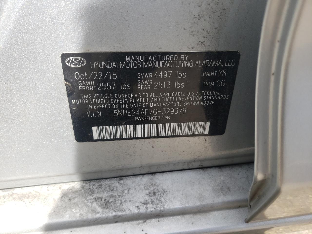 Photo 10 from auction – 2016 HYUNDAI SONATA SE with VIN 5NPE24AF7GH329379
