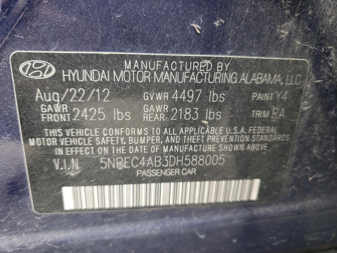 Photo 10 from auction – 2013 HYUNDAI SONATA SE with VIN 5NPEC4AB3DH588005
