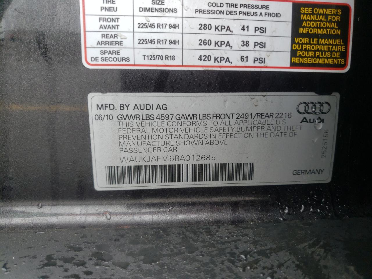 Photo 10 from auction – 2011 AUDI A3 PREMIUM with VIN WAUKJAFM6BA012685