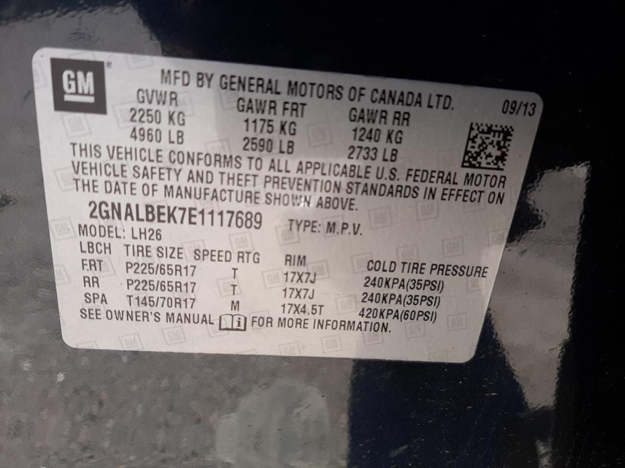 Photo 10 from auction – 2014 CHEVROLET EQUINOX LT with VIN 2GNALBEK7E1117689