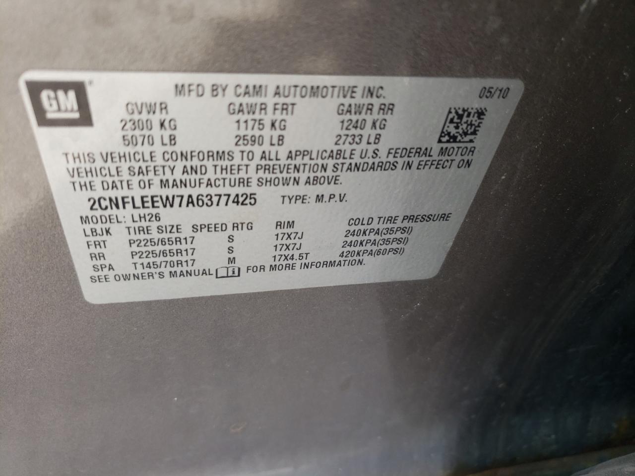 Photo 10 from auction – 2010 CHEVROLET EQUINOX LT with VIN 2CNFLEEW7A6377425