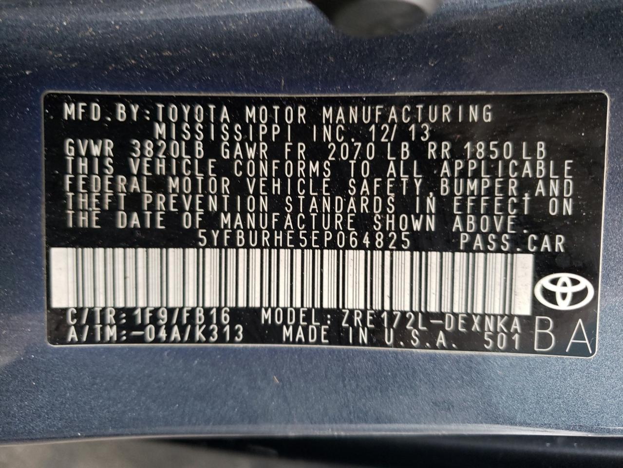 Photo 10 from auction – 2014 TOYOTA COROLLA L with VIN 5YFBURHE5EP064825
