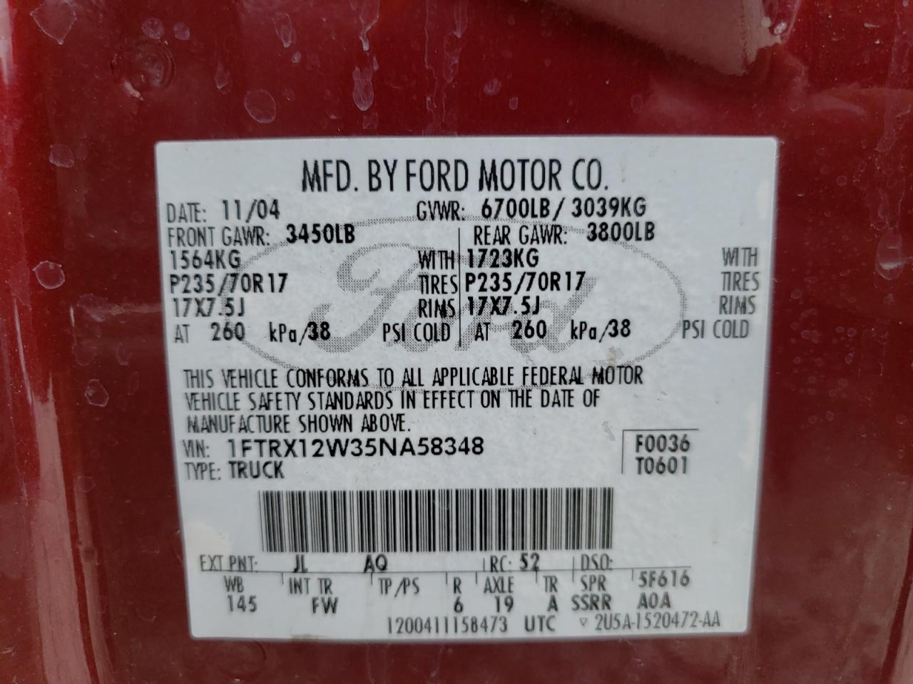 Photo 10 from auction – 2005 FORD F150 with VIN 1FTRX12W35NA58348