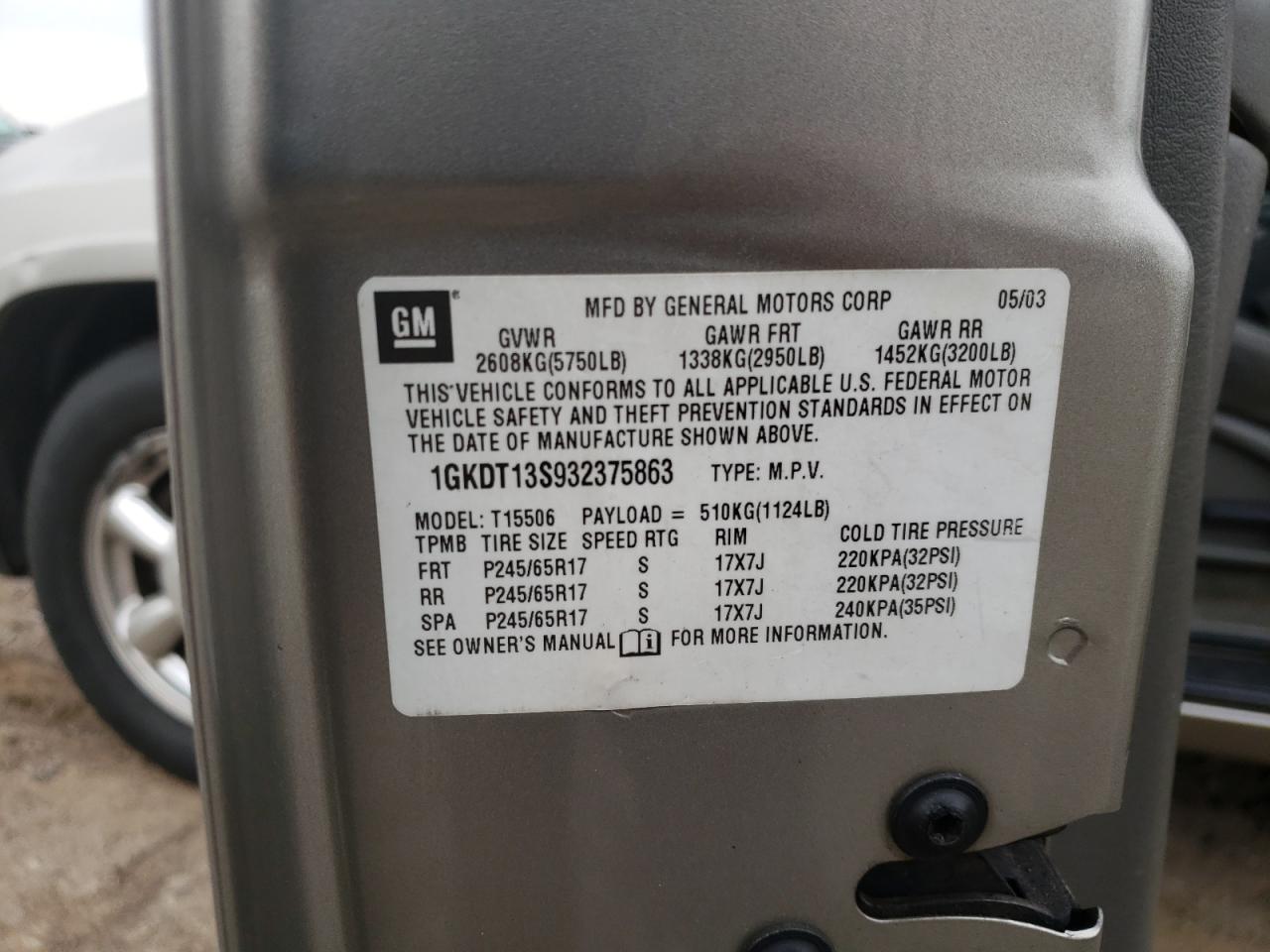 Photo 10 from auction – 2003 GMC ENVOY with VIN 1GKDT13S932375863