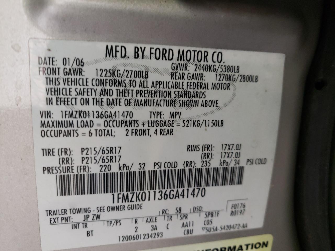 Photo 10 from auction – 2006 FORD FREESTYLE with VIN 1FMZK01136GA41470