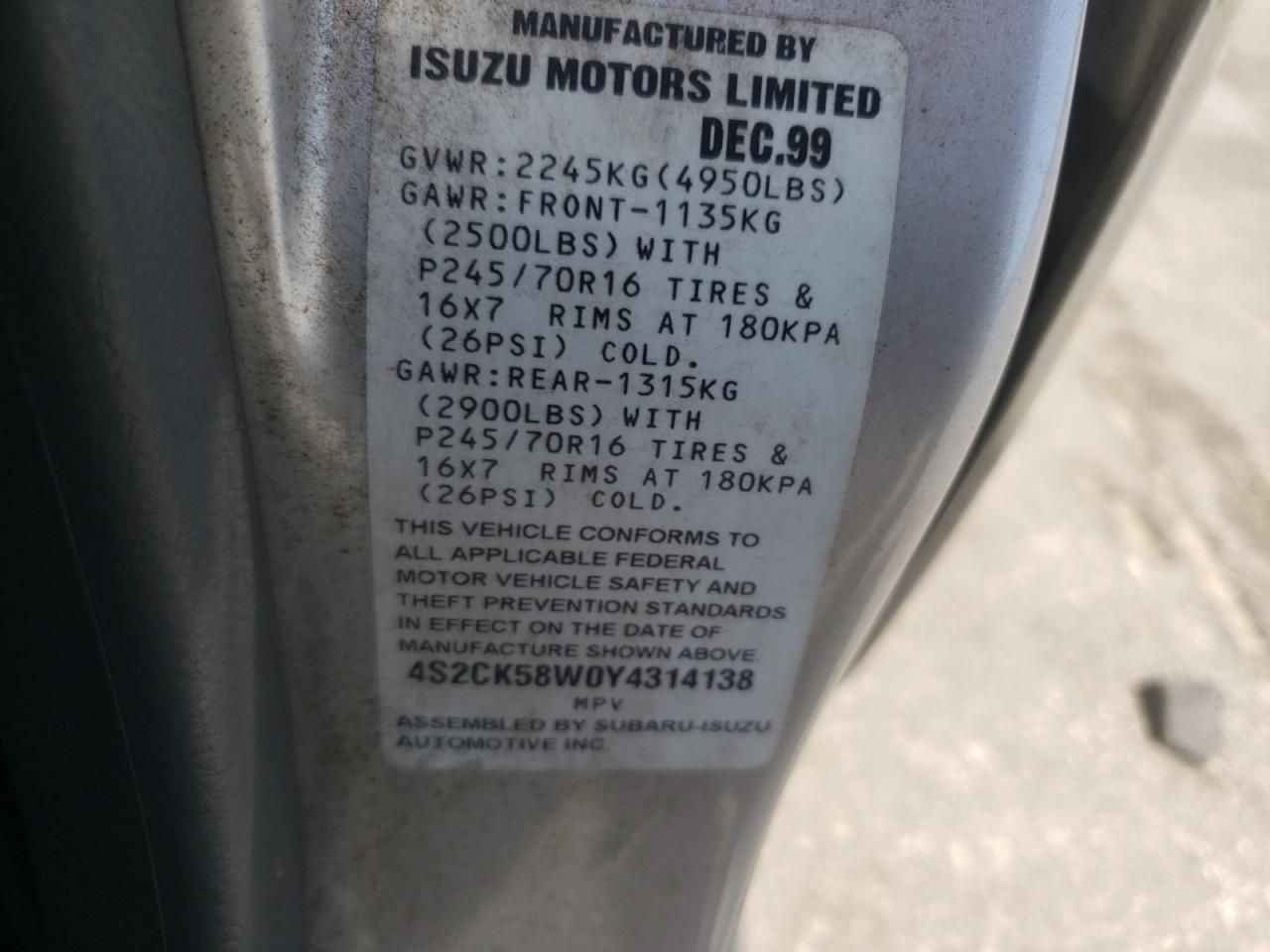 Photo 10 from auction – 2000 ISUZU RODEO S with VIN 4S2CK58W0Y4314138