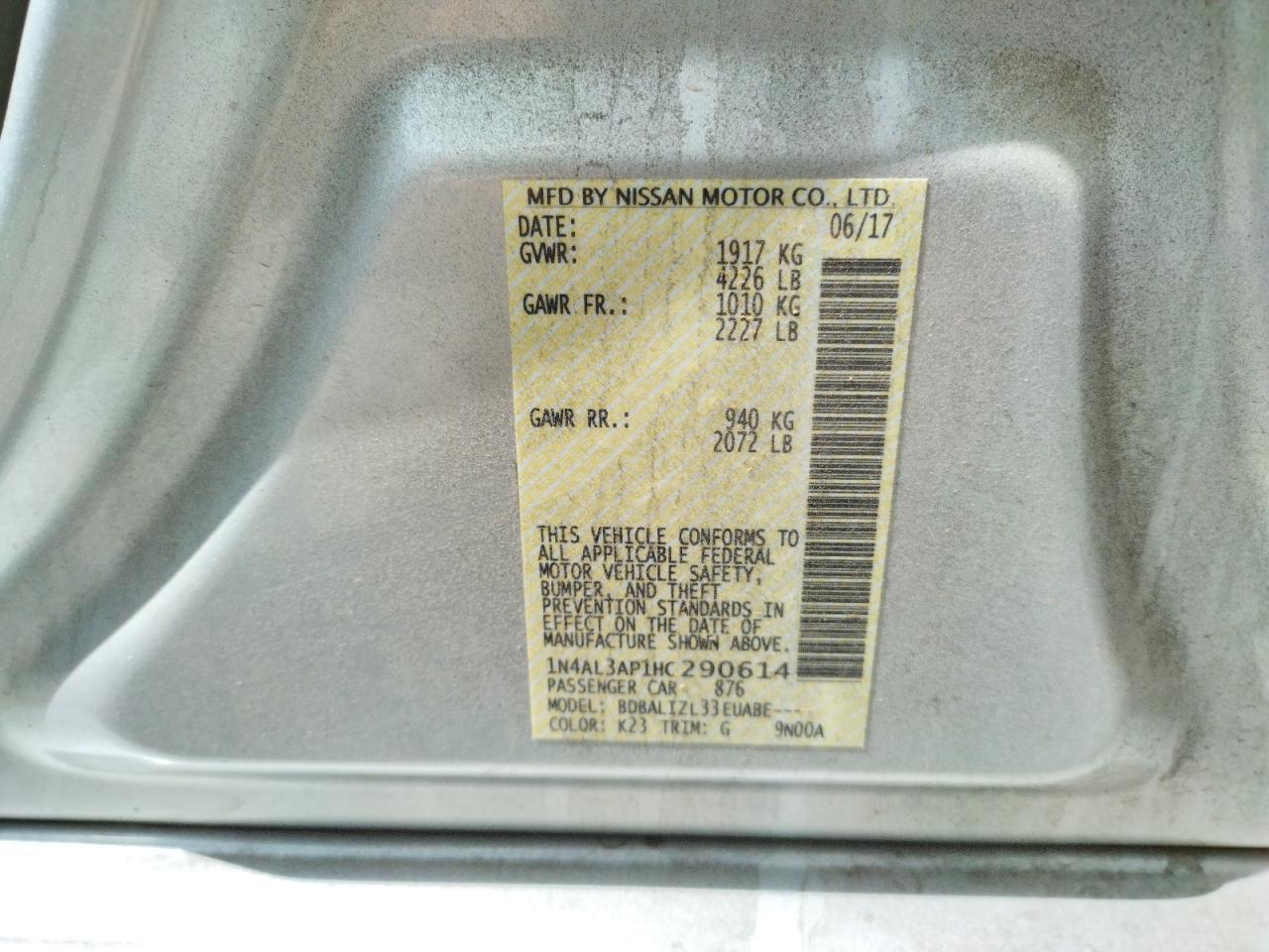 Photo 10 from auction – 2017 NISSAN ALTIMA 2.5 with VIN 1N4AL3AP1HC290614