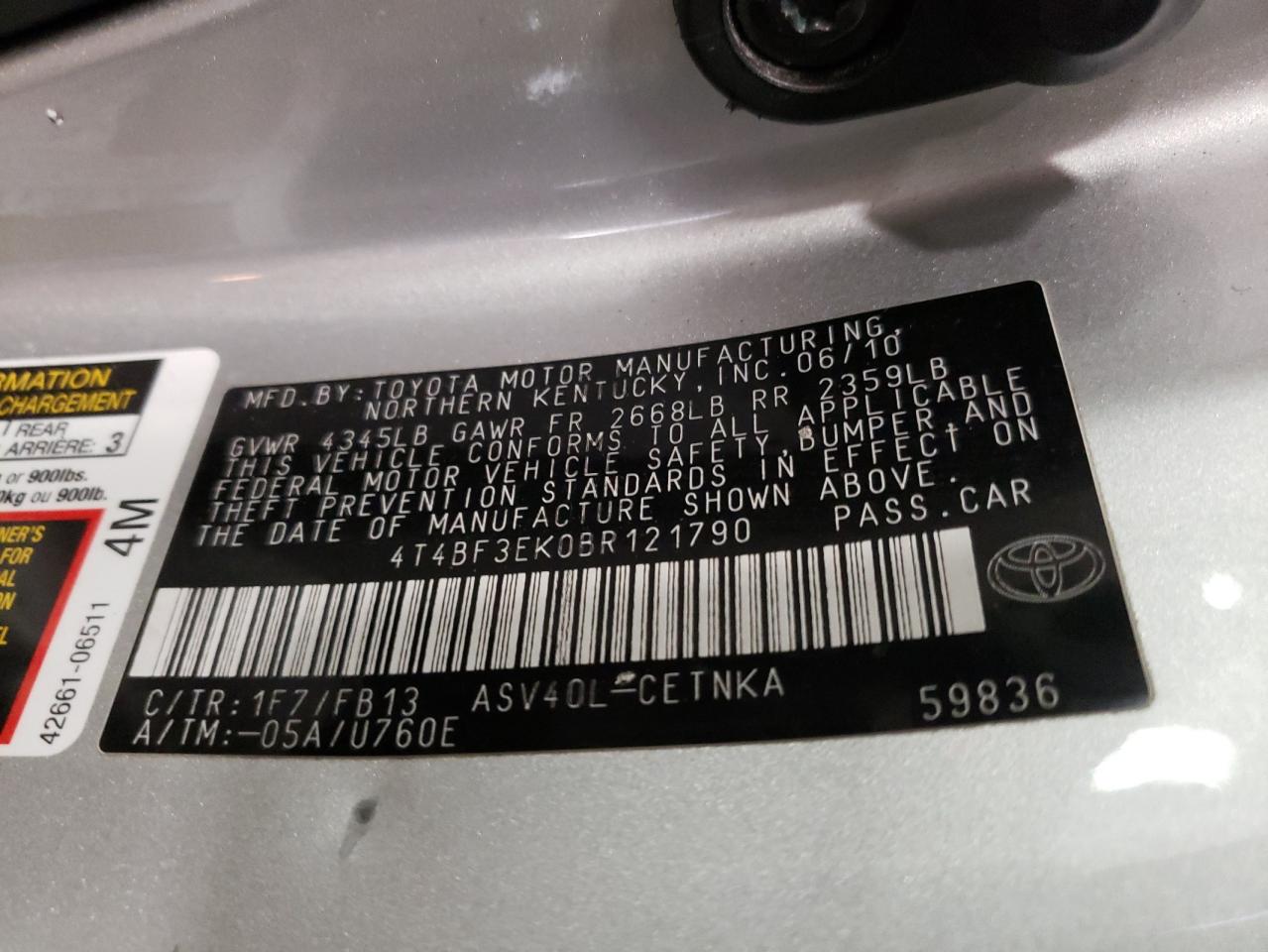 Photo 10 from auction – 2011 TOYOTA CAMRY BASE with VIN 4T4BF3EK0BR121790