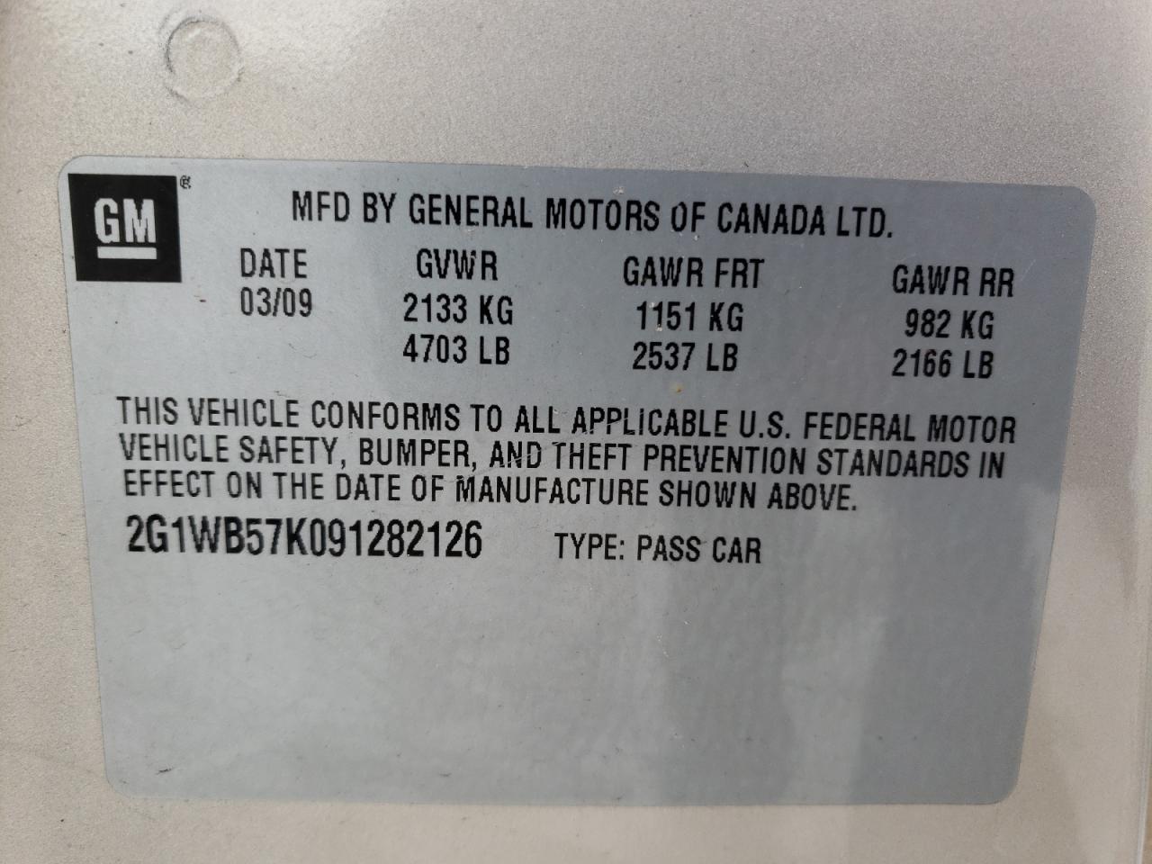 Photo 10 from auction – 2009 CHEVROLET IMPALA LS with VIN 2G1WB57K091282126