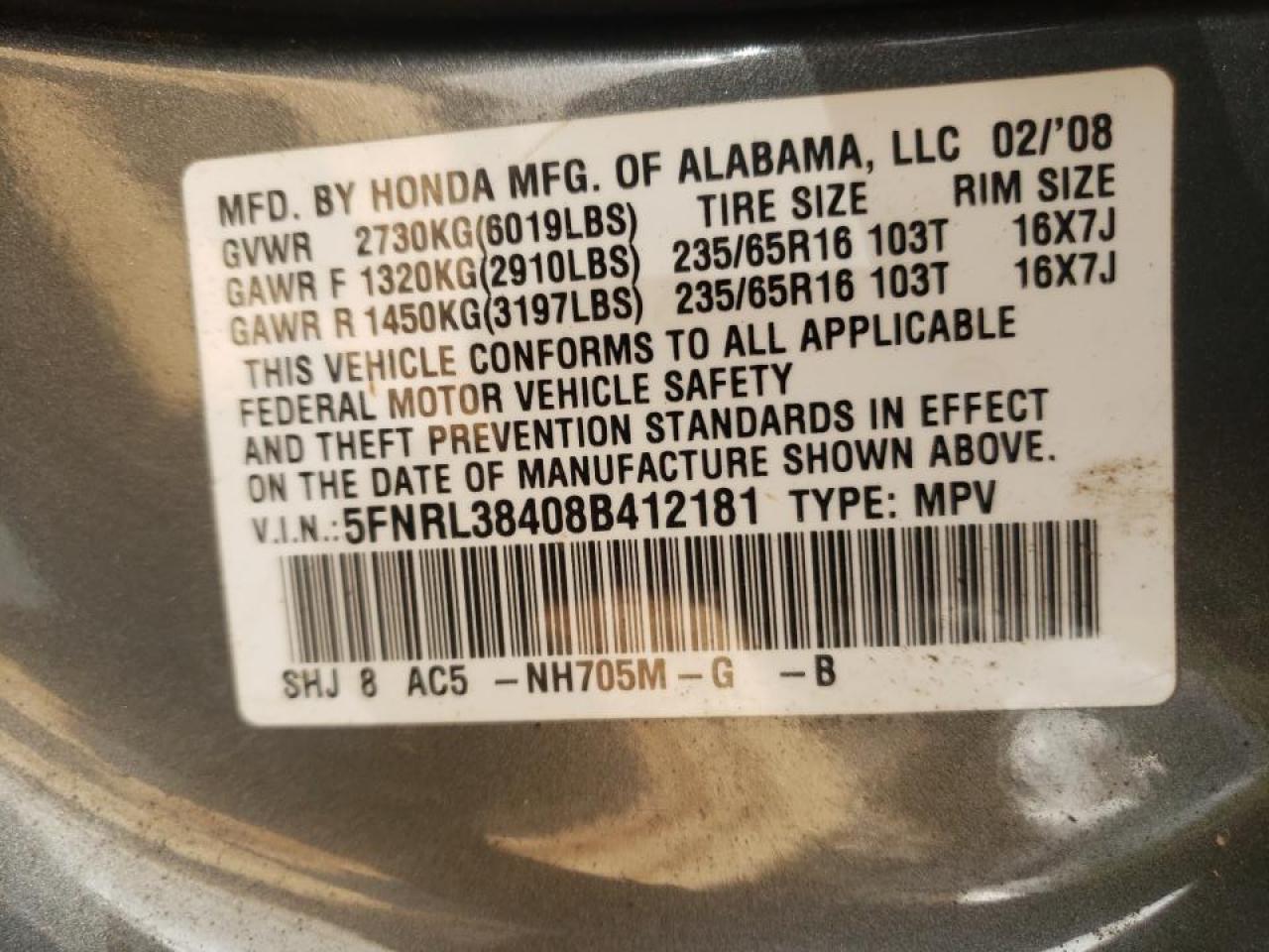 Photo 10 from auction – 2008 HONDA ODYSSEY EX with VIN 5FNRL38408B412181