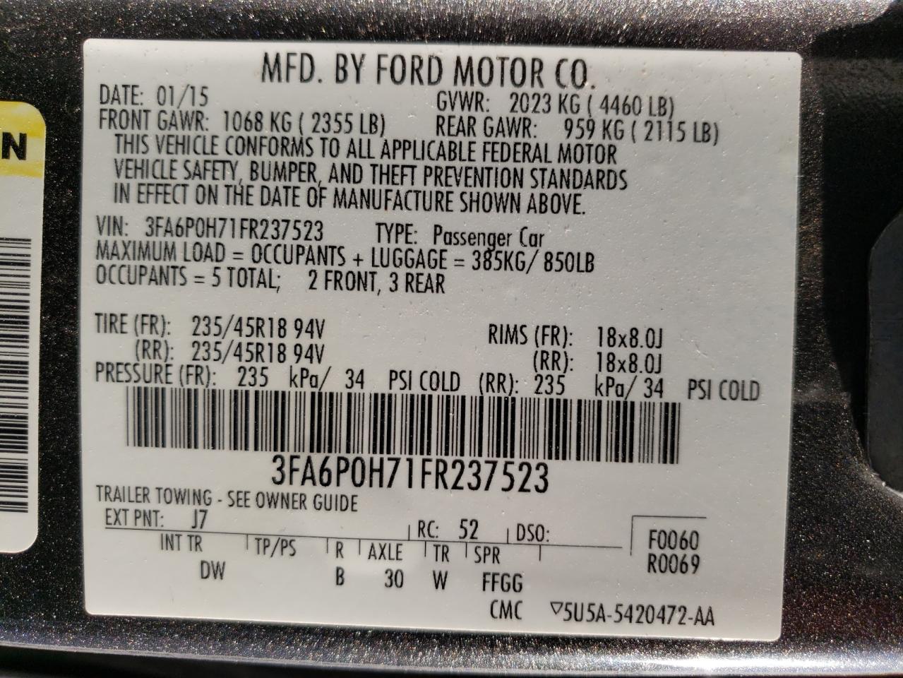 Photo 10 from auction – 2015 FORD FUSION SE with VIN 3FA6P0H71FR237523