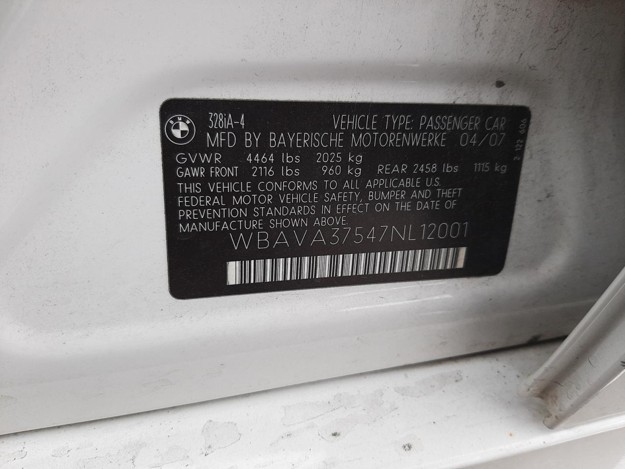 Photo 10 from auction – 2007 BMW 328 I with VIN WBAVA37547NL12001