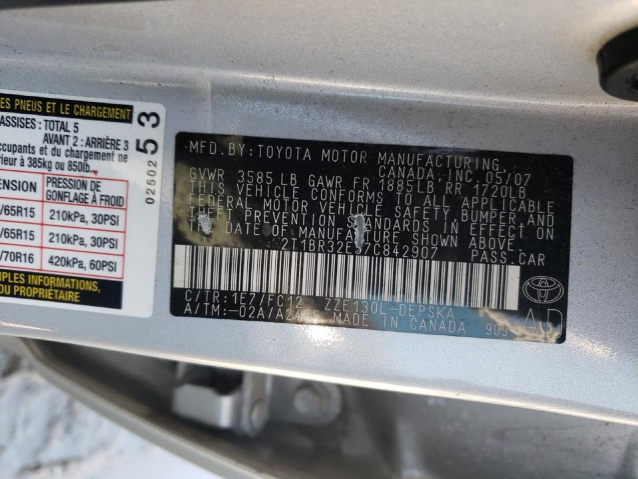 Photo 10 from auction – 2007 TOYOTA COROLLA CE with VIN 2T1BR32E57C842907