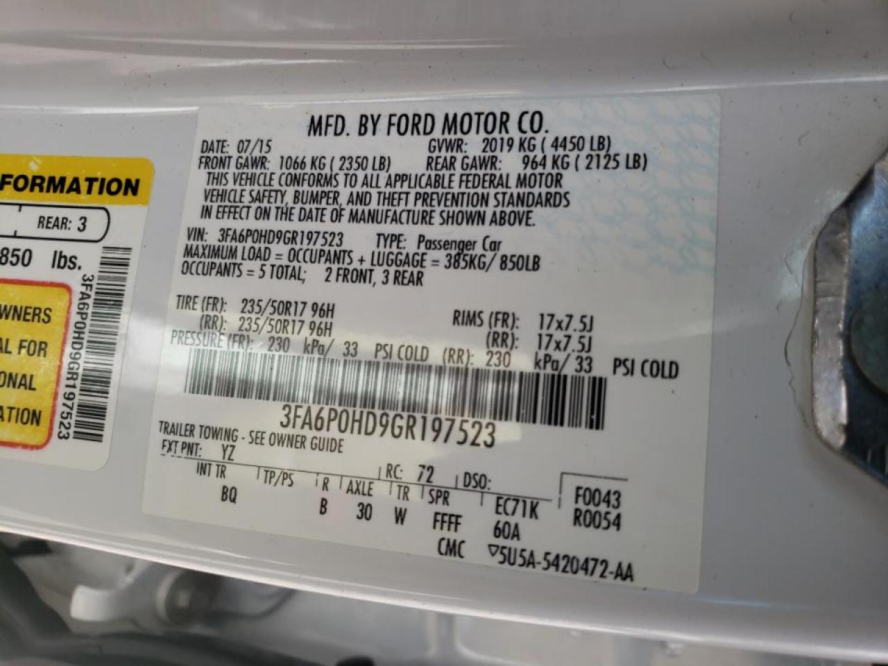 Photo 10 from auction – 2016 FORD FUSION SE with VIN 3FA6P0HD9GR197523