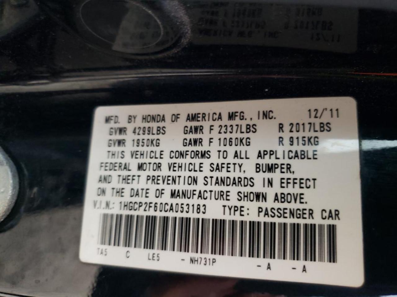 Photo 10 from auction – 2012 HONDA ACCORD SE with VIN 1HGCP2F60CA053183