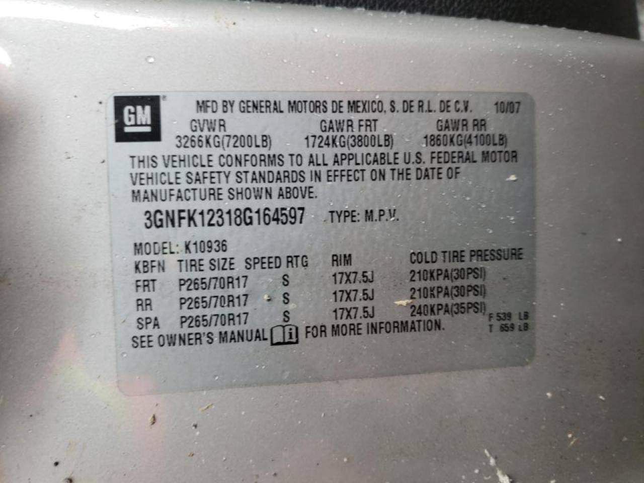 Zdjęcie 10 z aukcji – 2008 CHEVROLET AVALANCHE z VIN 3GNFK12318G164597