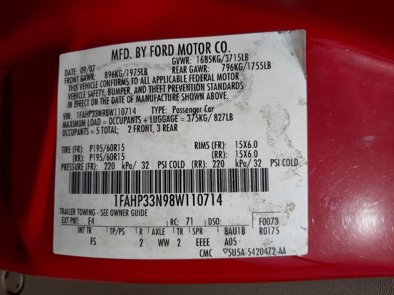 Photo 10 from auction – 2008 FORD FOCUS SE with VIN 1FAHP33N98W110714