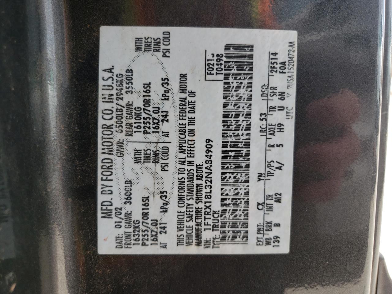 Foto 10 de la subasta – 2002 FORD F150 con VIN 1FTRX18L32NA84909