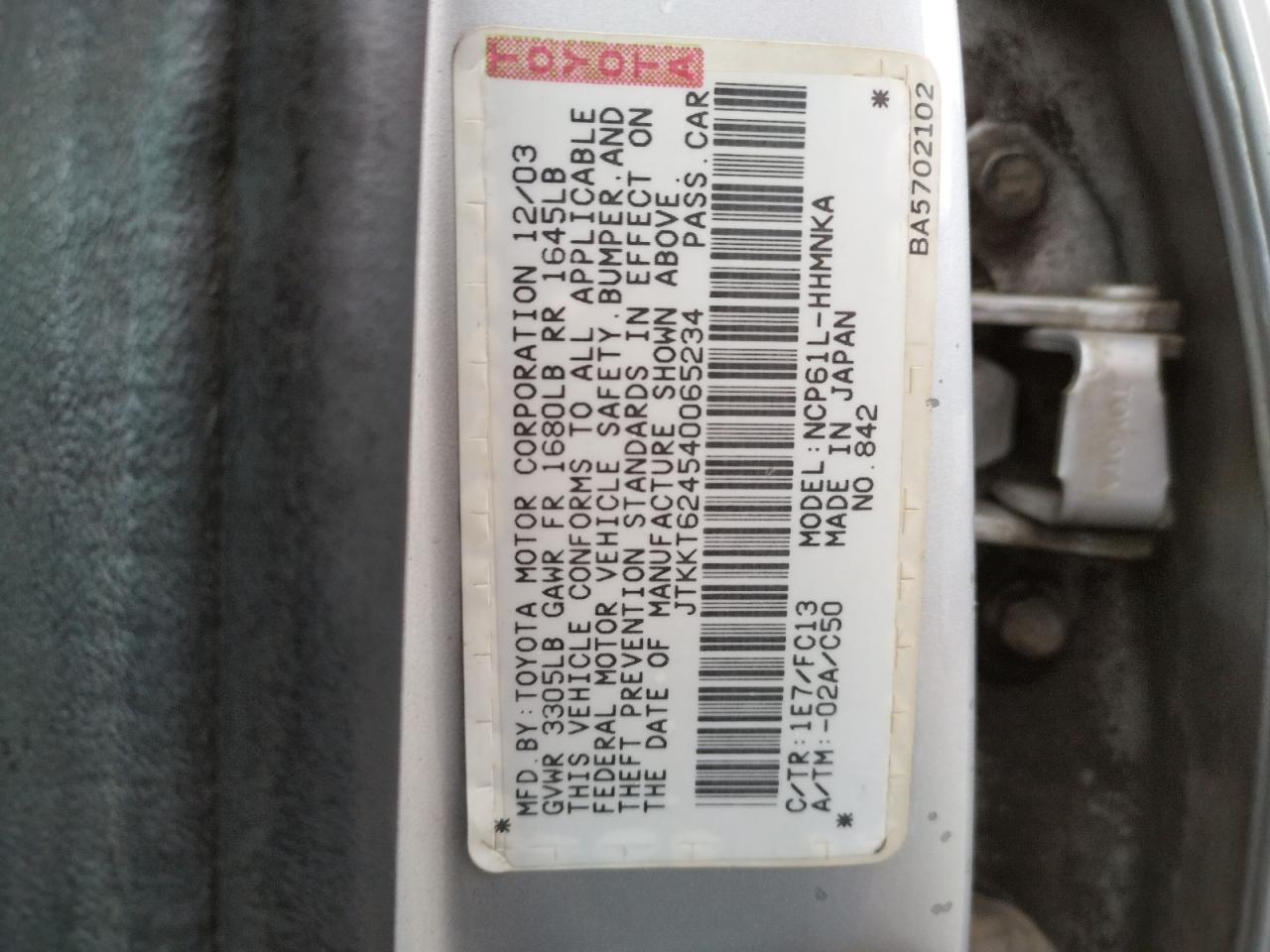 Photo 10 from auction – 2004 TOYOTA SCION XA with VIN JTKKT624540065234