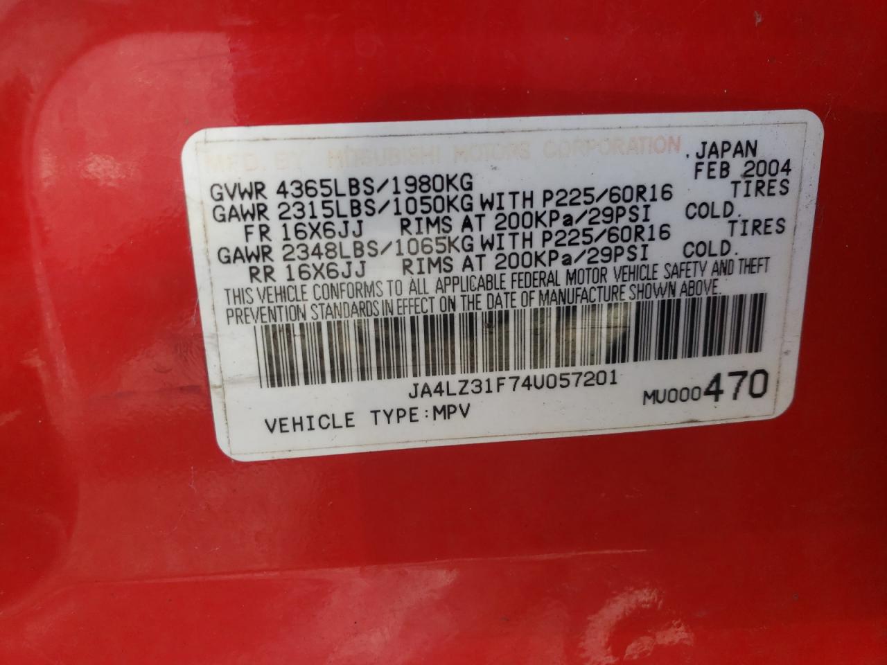 Photo 10 from auction – 2004 MITSUBISHI OUTLANDER with VIN JA4LZ31F74U057201