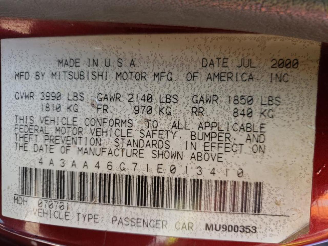 Photo 10 from auction – 2001 MITSUBISHI GALANT ES with VIN 4A3AA46G71E013410