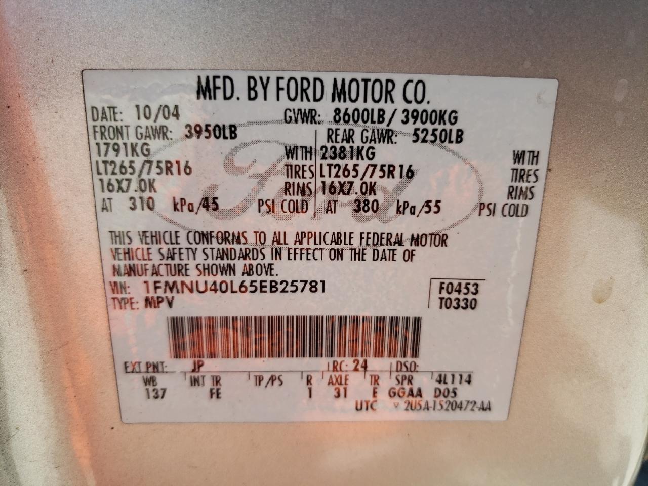 Photo 10 from auction – 2005 FORD EXCURSION with VIN 1FMNU40L65EB25781