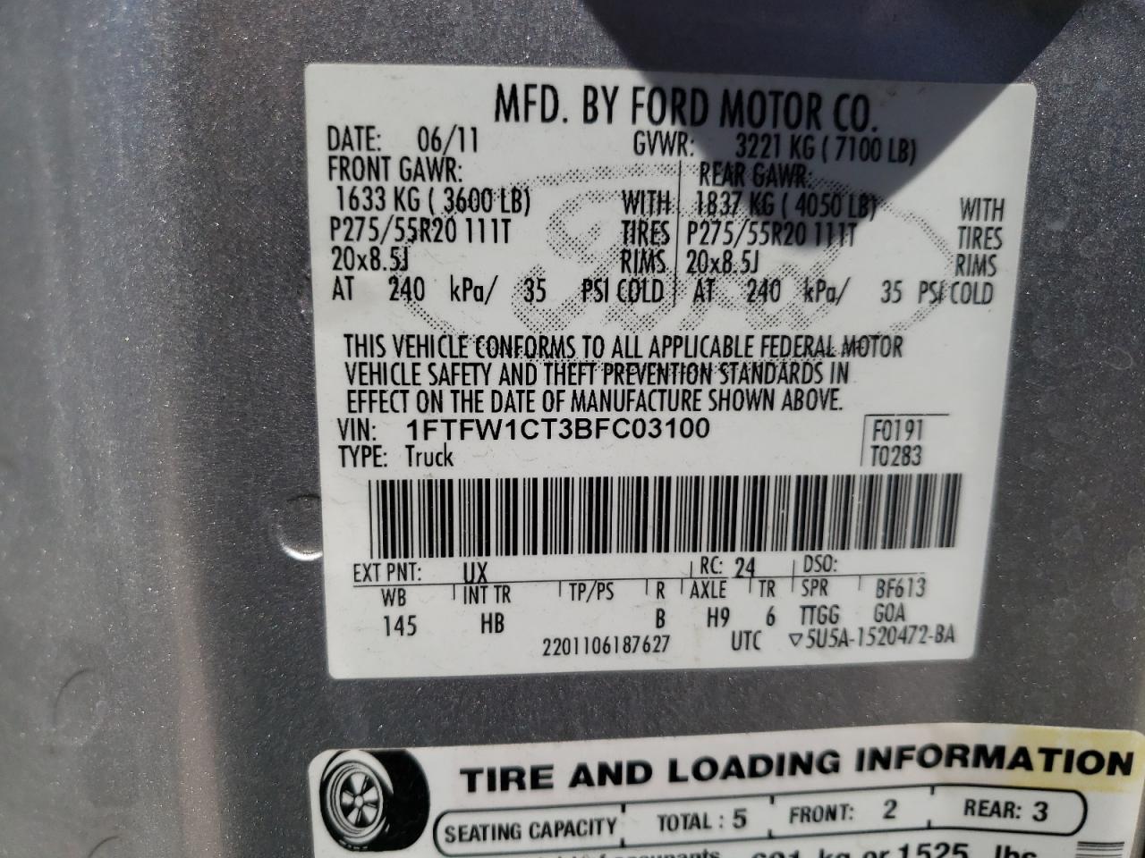 Photo 10 from auction – 2011 FORD F150 SUPER with VIN 1FTFW1CT3BFC03100