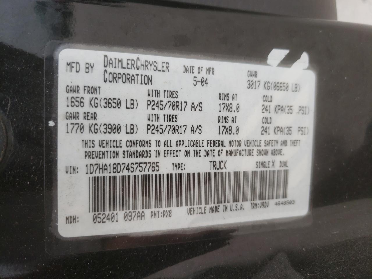 Photo 10 from auction – 2004 DODGE RAM 1500 S with VIN 1D7HA18D74S757765