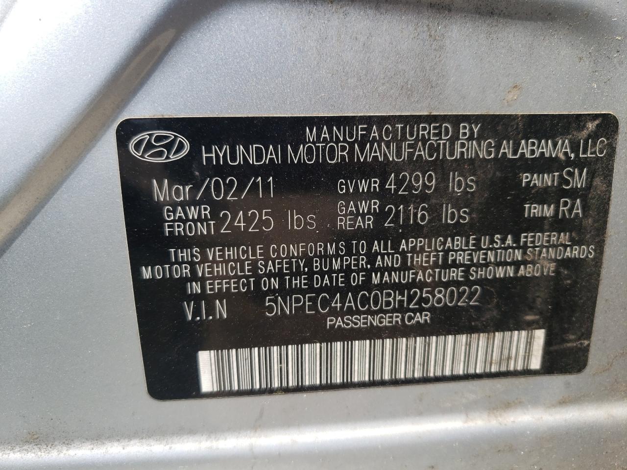 Photo 10 from auction – 2011 HYUNDAI SONATA SE with VIN 5NPEC4AC0BH258022