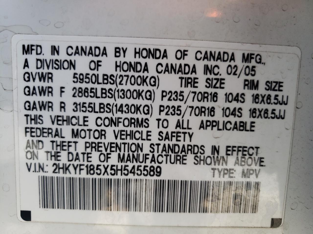 Photo 10 from auction – 2005 HONDA PILOT EXL with VIN 2HKYF185X5H545589