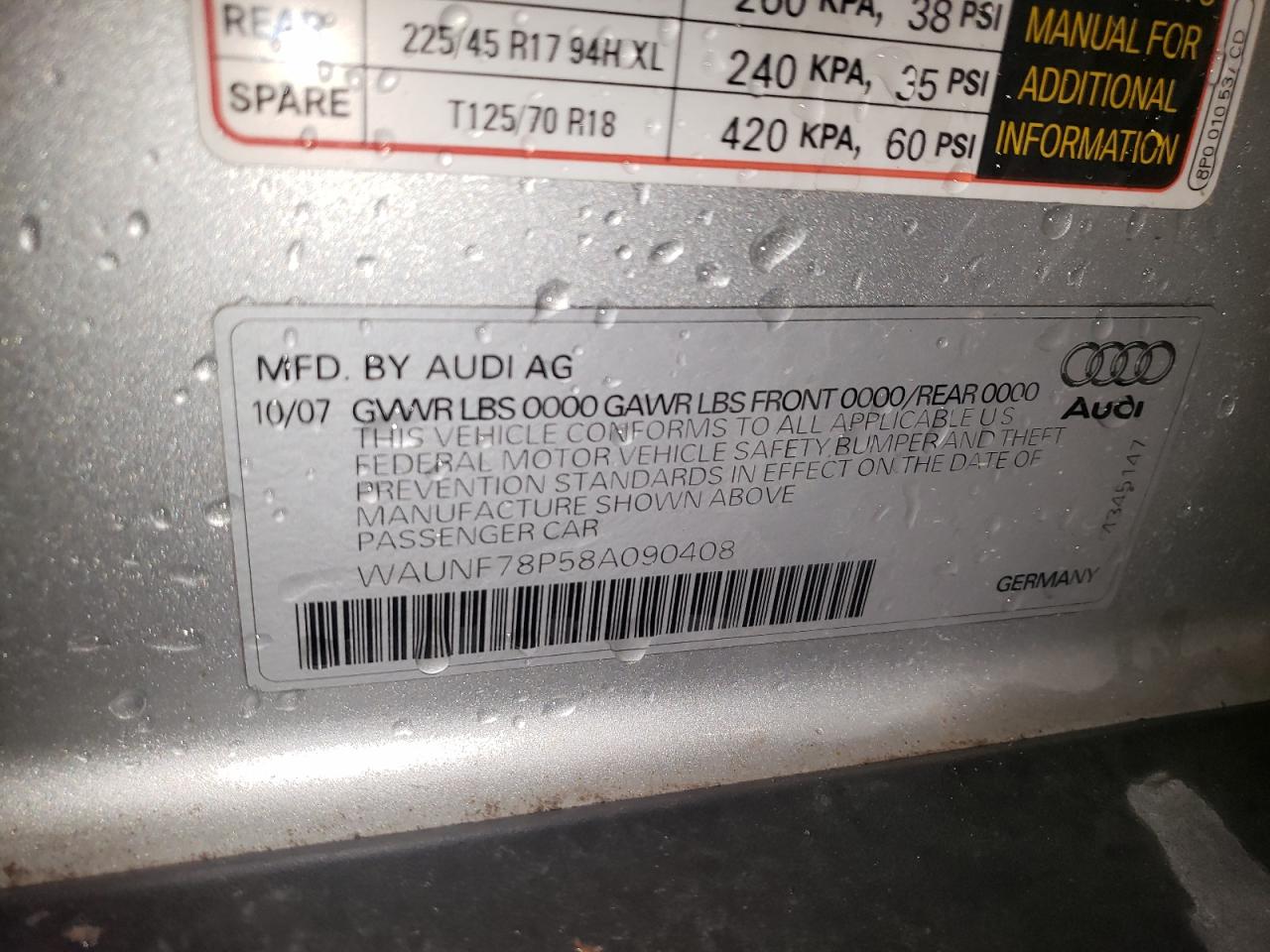 Photo 10 from auction – 2008 AUDI A3 2.0 PRE with VIN WAUNF78P58A090408