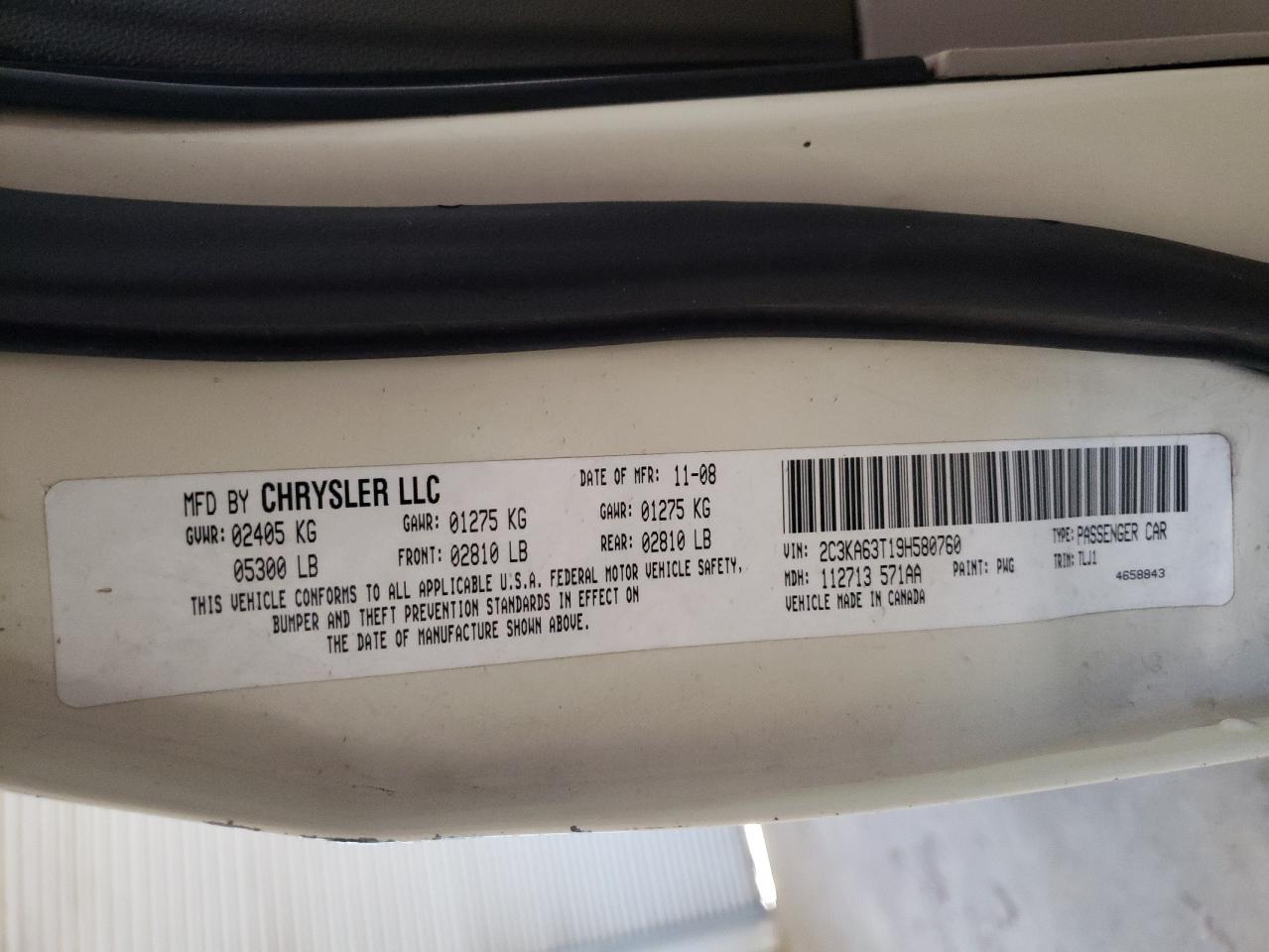 Photo 10 from auction – 2009 CHRYSLER 300C with VIN 2C3KA63T19H580760